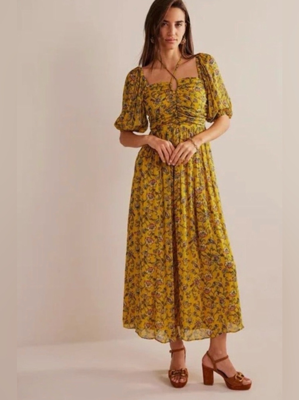 Boden Yellow Floral Ruched Maxi Dress